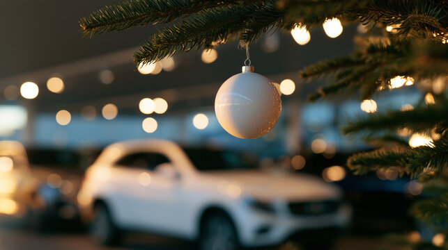 White Christmas ornament hanging from a fir tree branch in a car dealership showroom with a new vehicle and warm lights in the background. 