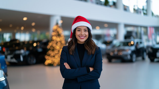 Latina Business woman wearing a Santa hat in a car dealership showroom, smiling with crossed arms beside vehicles and a decorated Christmas tree.