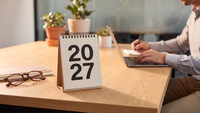 2027 desk calendar on wooden office table, businessman working on laptop in background, professional planning and schedule concept 4K