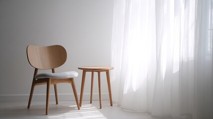Fototapeta premium nordic. Minimalist Nordic-style furniture arrangement with clean lines and soft morning light. real-estate listings.