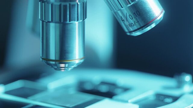 Scientist placing glass slide with sample on microscope stage in laboratory