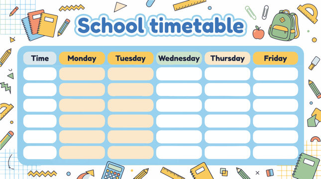 School timetable for kids, educational schedule, weekly planner, printable school schedule for children, school children routine timetable, education, class, lessons plan, back to school planner