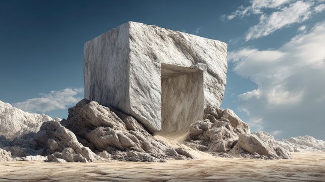 A massive, weathered stone cube dramatically rises from a rocky, arid landscape.