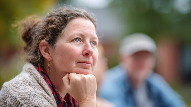 Middle aged woman sitting outside with thoughtful expression. Mature female observing environment in park. Relaxed lifestyle concept, portrait of contemplative caucasian lady in outdoor.