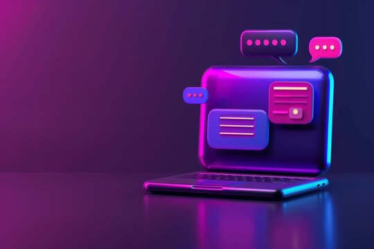 Laptop displaying chat messages and speech bubbles on a vibrant neon background