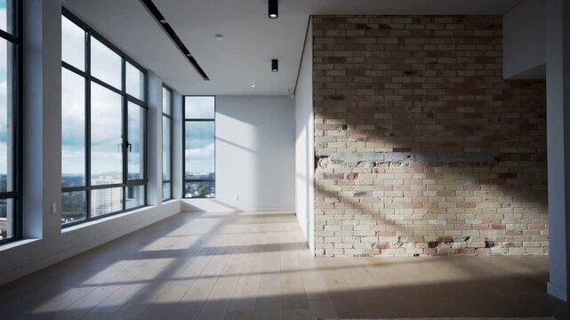 Shifting sunlight revealing exposed brick wall in apt as sun moving, with windows, copy space