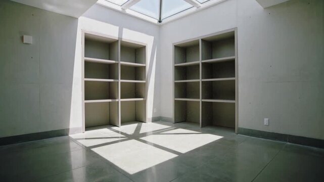 Sunlight shifting from skylight across tile floor, lighting builtin alcoves and showing vent outlet