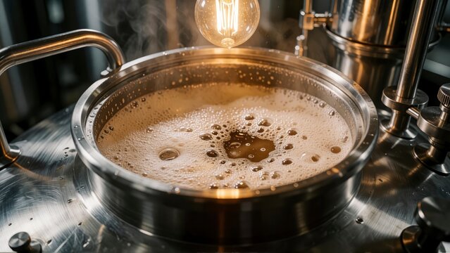 Craft beer brewing process in a stainless steel kettle with boiling wort and foam.