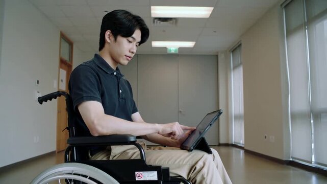 Tapping man in wheelchair dark-polo khaki-pants navigating tablet on lap in clinic, propped on case