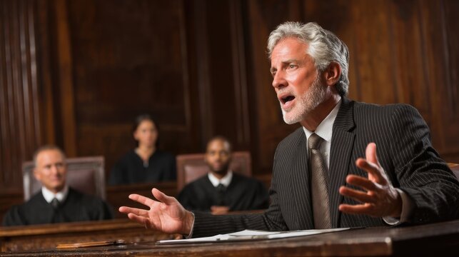 A distinguished older man, likely a lawyer, passionately delivers an argument within a grand courtroom.