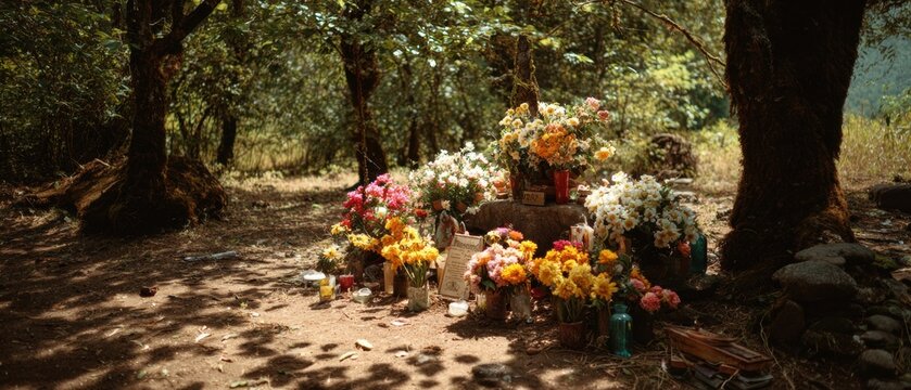 Floral altar with bouquets and candles placed in forest clearing. Outdoor memorial site with flowers for remembrance and respect. Traditional decoration for Day of the Dead celebration.