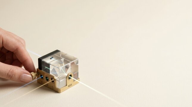 A person's hand holding a small object with optical components to visualize revenue sources in balanced total metrics