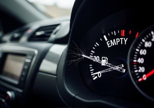 Broken fuel gauge indicator showing empty tank on car dashboard. Cracked glass on vehicle instrument panel. Concept of out of gas, mechanical failure, car trouble and maintenance problem.