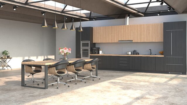 A 3D rendered modern kitchen featuring wood and dark grey cabinets, a dining table, black chairs, and a large skylight.