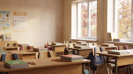 Naklejka premium Empty classroom with sunlight streaming through windows, books on desks