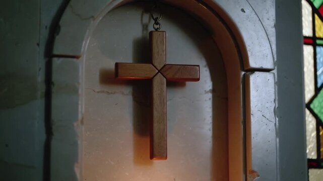 Camera pulling back to reveal wooden cross above lit votive candle in chapel niche, stained glass