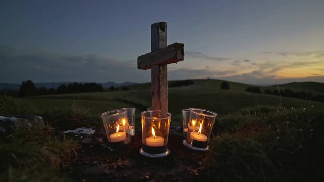 Pulling back camera revealing wooden cross, six lit votive candles on dusk hill, showing landscape