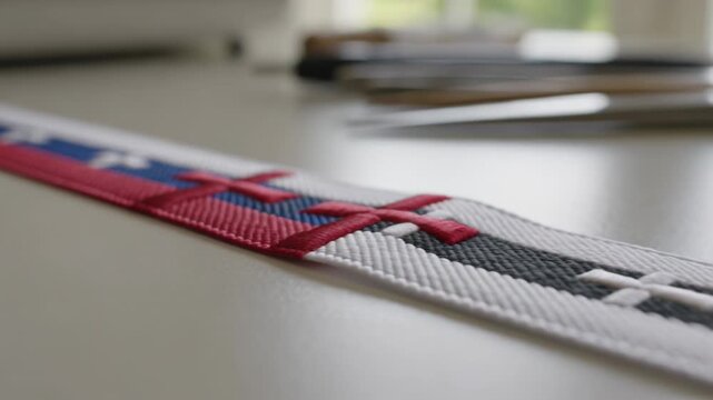Focusing camera revealing woven strap at bench near window, showing red stitch progress and tools