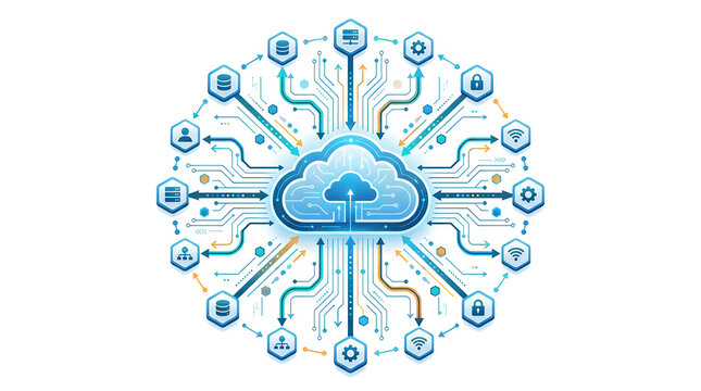 Cloud computing network diagram with digital technology icons