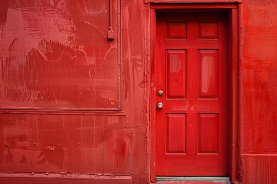Red door set against a textured, spray painted red brick wall