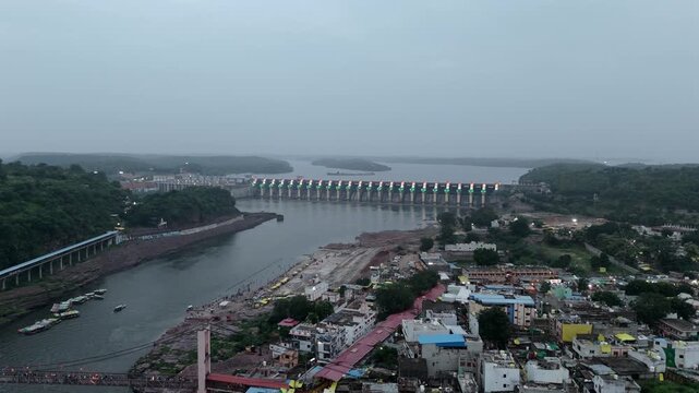Aerial shot of Water Dam in Omkareshwar in Madhya Pradesh, India