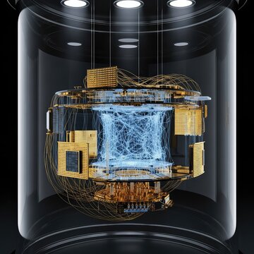 A luminous quantum processor unit suspended in a vacuum chamber, showcasing glowing blue circuits and intricate golden hardware components, laboratory, data, nexus
