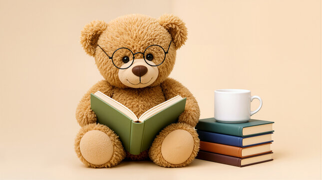 Cute Teddy Bear Wearing Glasses Reading a Book Beside Stacked Hardcovers and Coffee Mug on Beige Background