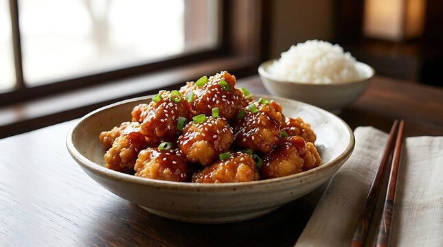 Spicy General Tso's chicken stir-fry with crispy batter in white bowl on wooden table. general tso chicken