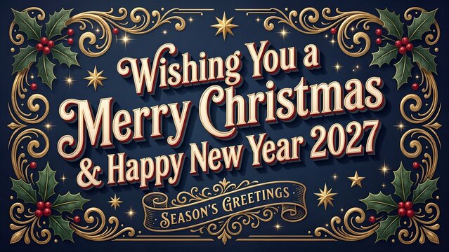 Vintage Merry Christmas 2027 greeting card, elegant Happy New Year typography, ornate gold filigree and holly leaves on dark blue background 4K