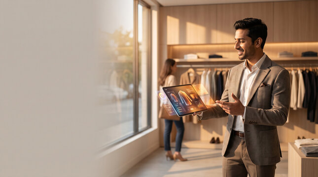 Boutique stylist showing customer AI outfit recommendations