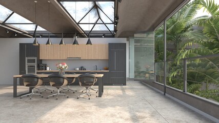Fototapeta premium 3D render of a modern kitchen and dining room with an open glass wall revealing a lush tropical garden with palm trees.