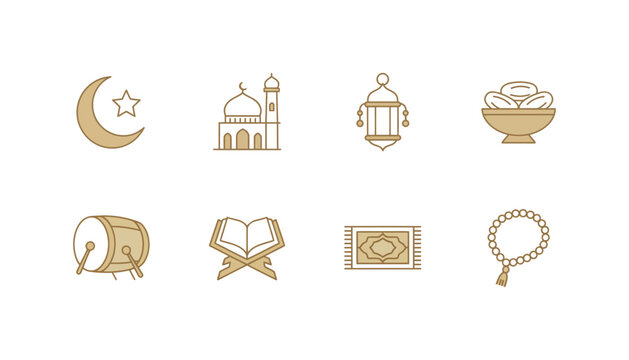 Islamic Ramadan Kareem golden line icon set vector illustration featuring crescent moon star mosque lantern quran bedug drum prayer rug and tasbih beads,