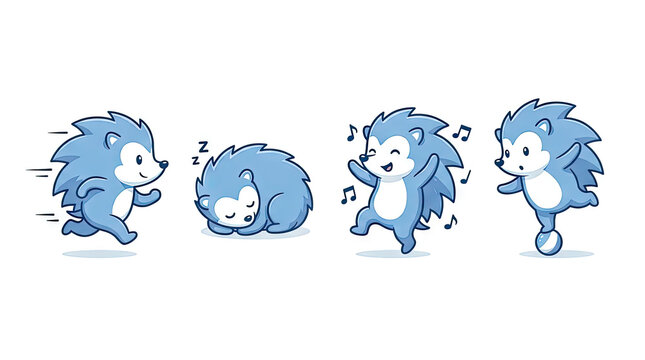 Blue cartoon hedgehog in four active and resting poses