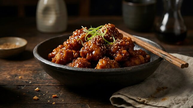 Close-up of homemade General Tso's chicken garnished with green onions in dark bowl on wooden table. general tso chicken