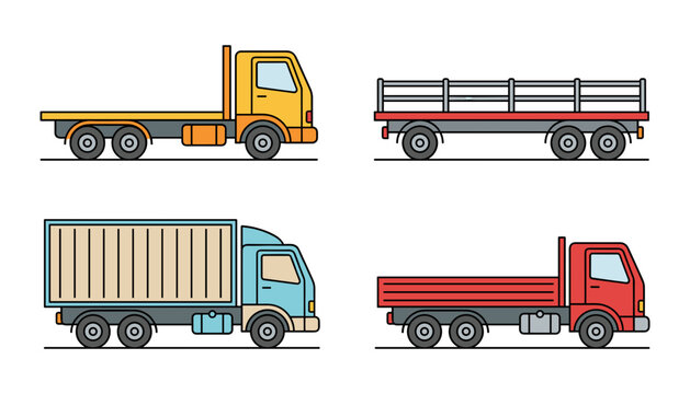 Commercial trucks, cargo transport vehicles, and freight trailers flat vector icon set featuring yellow flatbed truck, red stake bed trailer, blue box truck container, and red drop-side flatbed truck
