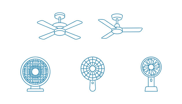Electric cooling fans, ventilation appliances, and climate control line art vector icon set featuring four-blade ceiling fan, three-blade ceiling fan, box desk fan, handheld mini fan, and portable sta