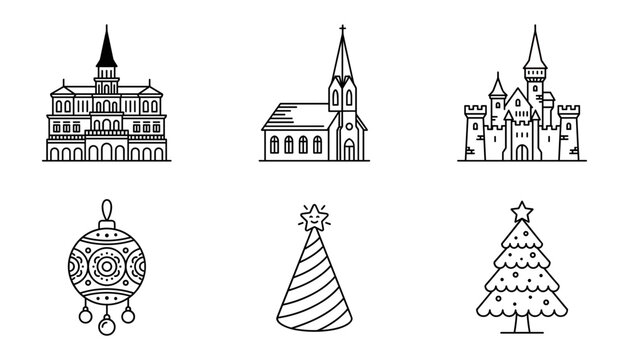 Historic buildings, medieval castle, and Christmas decorations line art vector icon set featuring grand palace, parish church, fairytale castle, patterned ornament, party hat with star, and decorated 