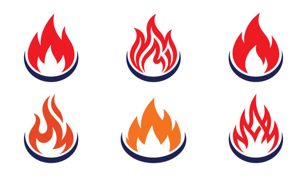 Fire flame logotypes, heat energy emblems, and gas burner ignition symbol vector icon set featuring red and orange blazing flames resting on dark blue crescent bases