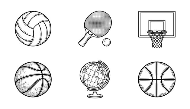 Sports gear, game balls, basketball hoop, and desk globe line art vector icon set featuring volleyball, table tennis paddle and ping pong ball, basketball backboard net, textured basketball, planet ea