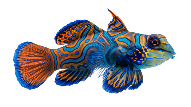 Vibrant mandarin fish isolated on white background for marine biology and aquarium design.