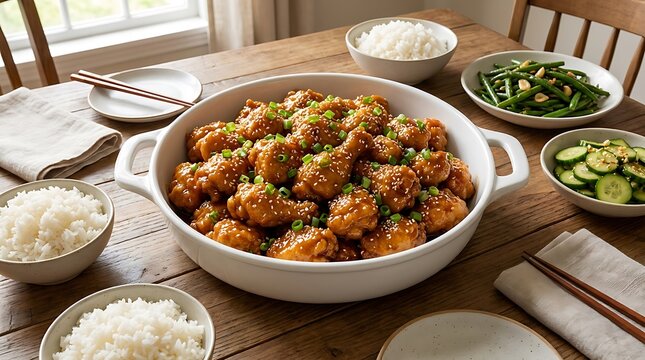Close-up of homemade General Tso's chicken with broccoli and rice on rustic wooden table. general tso chicken