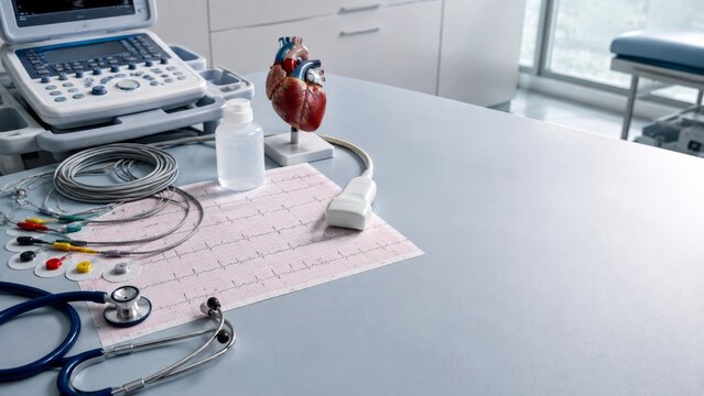 Modern cardiovascular screening workstation with ECG paper, electrode pads, ultrasound probe and gel, anatomical heart model, and stethoscope