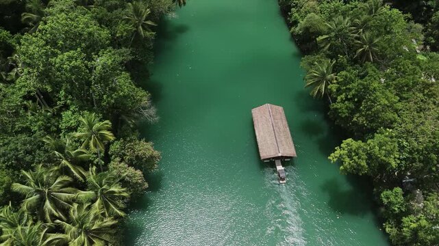 Aerial view of a traditional river boat cruising along the emerald waters of the Loboc River surrounded by lush tropical palm trees in Loboc, Central Visayas, Philippines.
