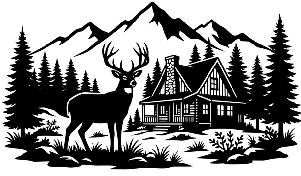 Minimal deer cabin mountain forest silhouette cut file vector