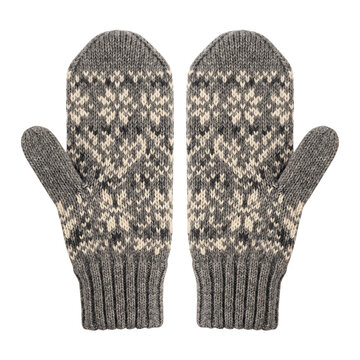 Pair of warm wool mittens with snowflake pattern isolated on transparent background for winter wear
