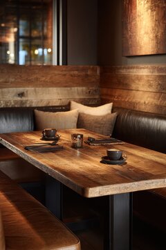 Coffee cup on rustic wooden table in cozy cafe interior. Restaurant booth seating with dim lighting and natural decor. Lifestyle setting for morning break or romantic dinner date.