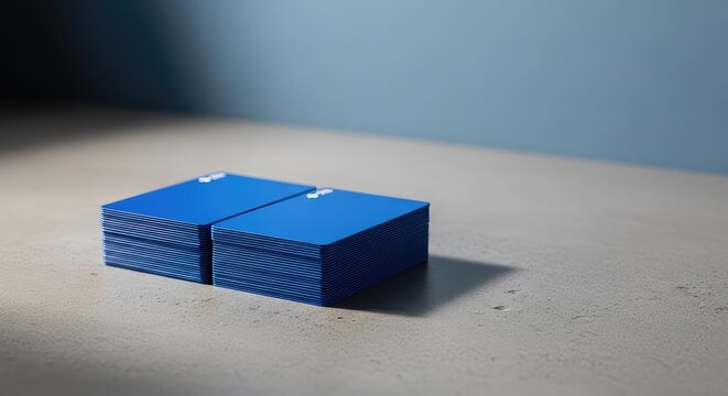 Dos pilas ordenadas de tarjetas azules sobre una superficie de cemento gris bajo luz natural suave frente a un fondo azul minimalista, minimalist, artistic, design