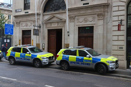 LONDON, UK - JULY 13, 2019: British Police BMW X5  SUVs parked in London. Metropolitan Police Service has 31,000 police officers in Greater London area.