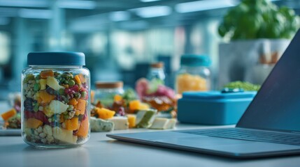 Fototapeta premium Healthy salad in glass jar on office desk next to open laptop. Nutritious lunch meal for employee at workplace. Concept of balanced diet, wellness at work and healthy office lifestyle.