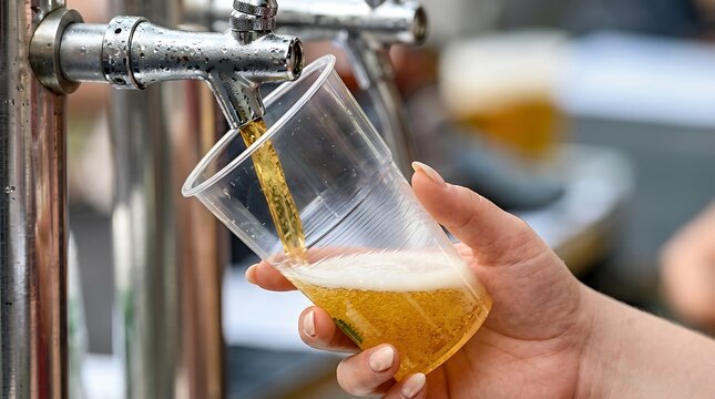 Pouring fresh draft beer from tap into plastic cup